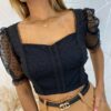 Cropped Feminino sem Bojo Tule com Guipir Preto - Fernanda Ramos Store