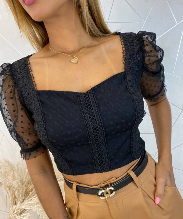 Cropped Feminino sem Bojo Tule com Guipir Preto - Fernanda Ramos Store