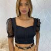 Cropped Feminino sem Bojo Tule com Guipir Preto - Fernanda Ramos Store