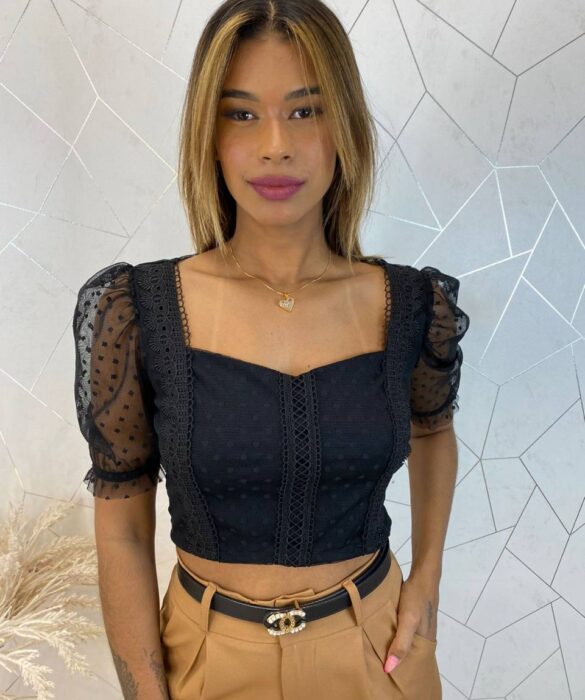 Cropped Feminino sem Bojo Tule com Guipir Preto - Fernanda Ramos Store