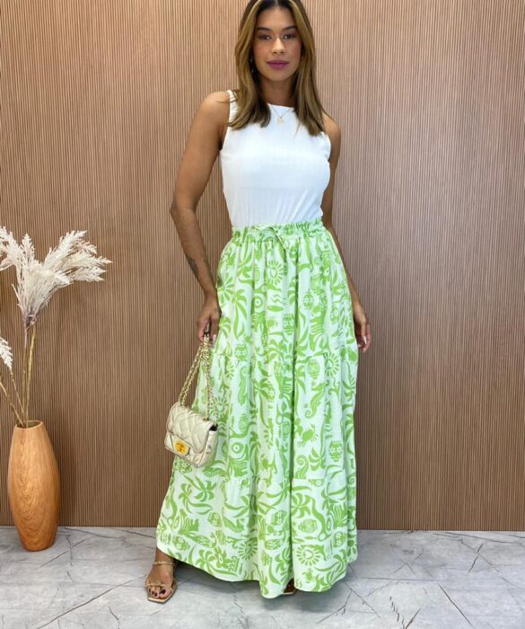 Saia Longa Heloisa Viscolinho Estampada Verde - Fernanda Ramos Store