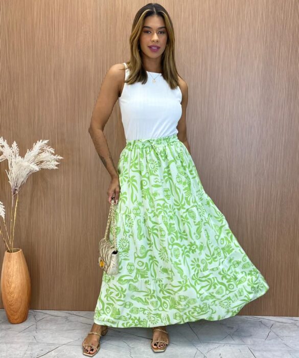 Saia Longa Heloisa Viscolinho Estampada Verde - Fernanda Ramos Store