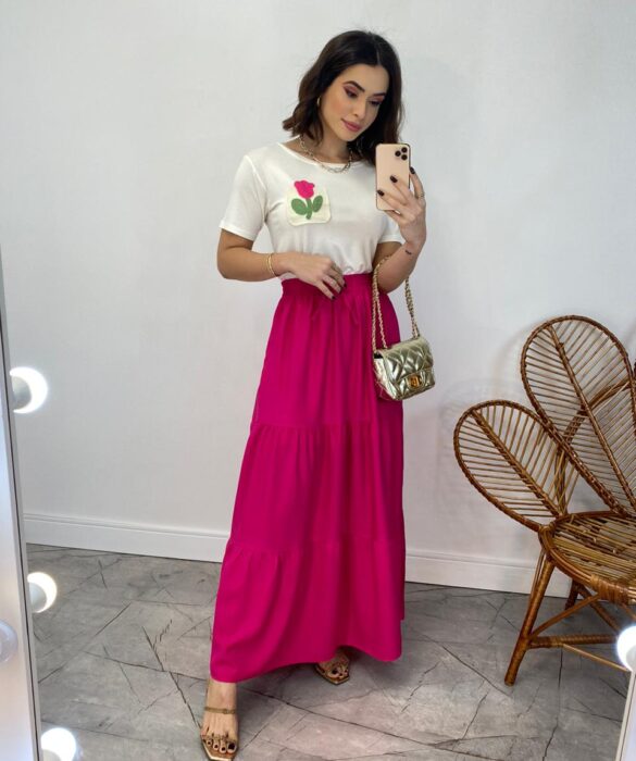 Saia Longa Heloisa Viscolinho Pink - Fernanda Ramos Store