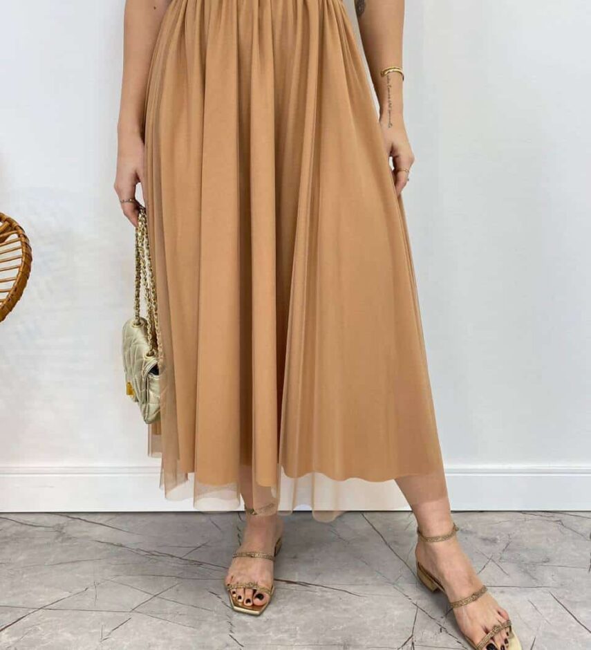 Saia Midi Feminina Eduarda de Tule Bege - Fernanda Ramos Store