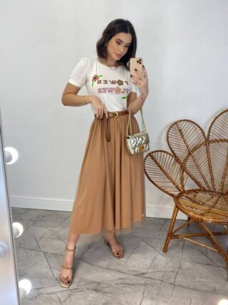 Saia Midi Feminina Eduarda de Tule Bege - Fernanda Ramos Store