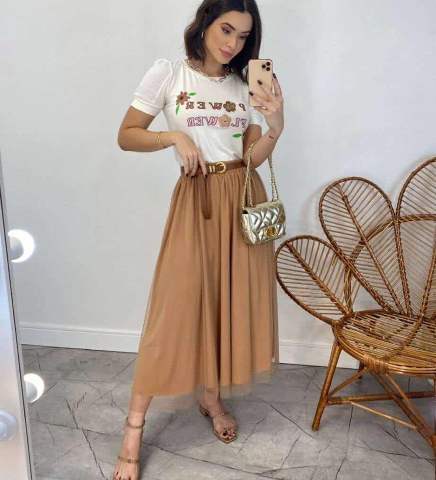 Saia Midi Feminina Eduarda de Tule Bege - Fernanda Ramos Store