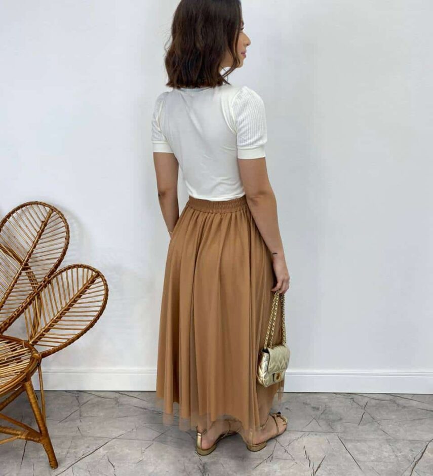 Saia Midi Feminina Eduarda de Tule Bege - Fernanda Ramos Store