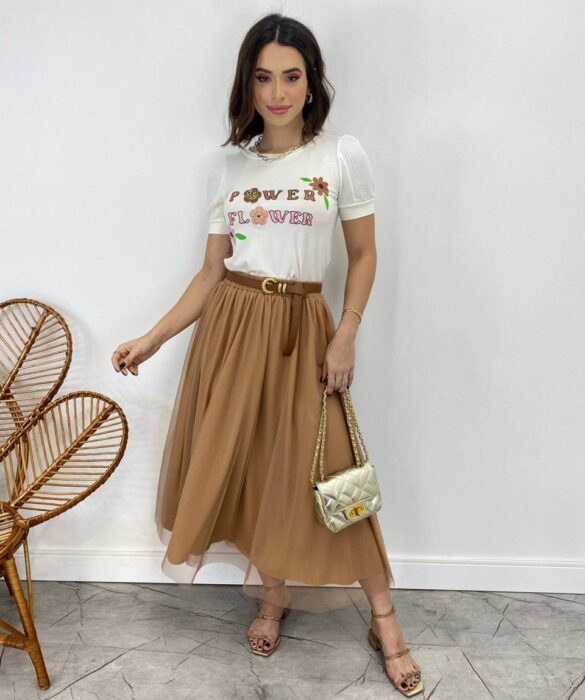 Saia Midi Feminina Eduarda de Tule Bege - Fernanda Ramos Store