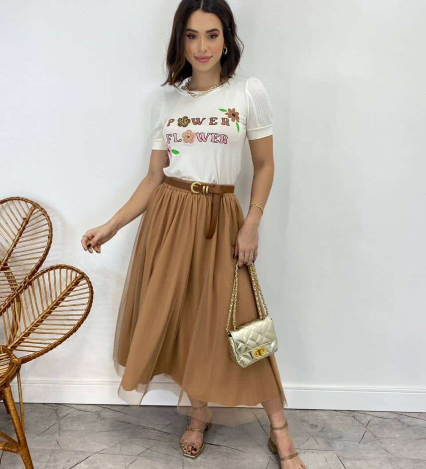 Saia Midi Feminina Eduarda de Tule Bege - Fernanda Ramos Store