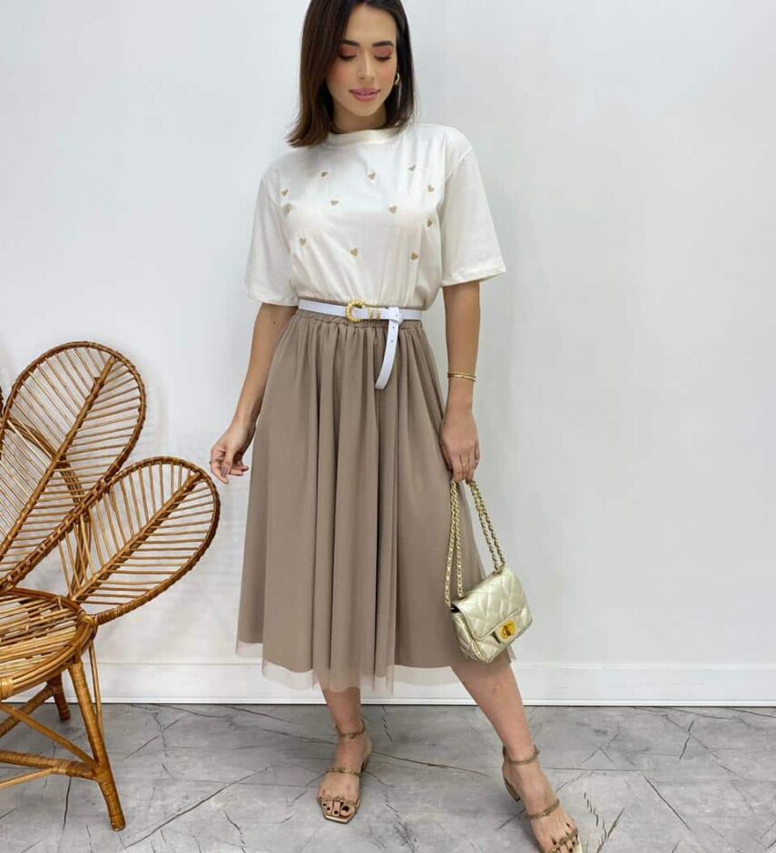 Saia Midi Feminina Eduarda de Tule Nude - Fernanda Ramos Store