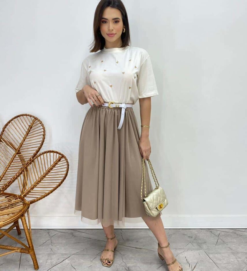 Saia Midi Feminina Eduarda de Tule Nude - Fernanda Ramos Store