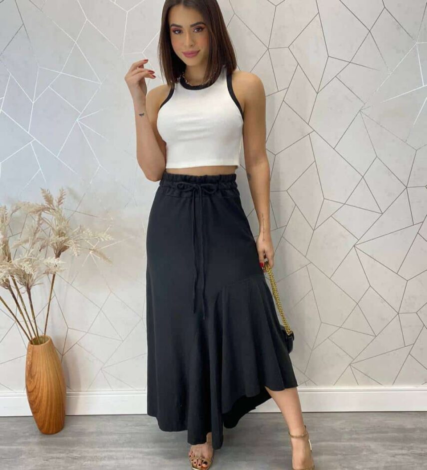 Saia Midi Feminina Moletom Stella Preta - Fernanda Ramos Store