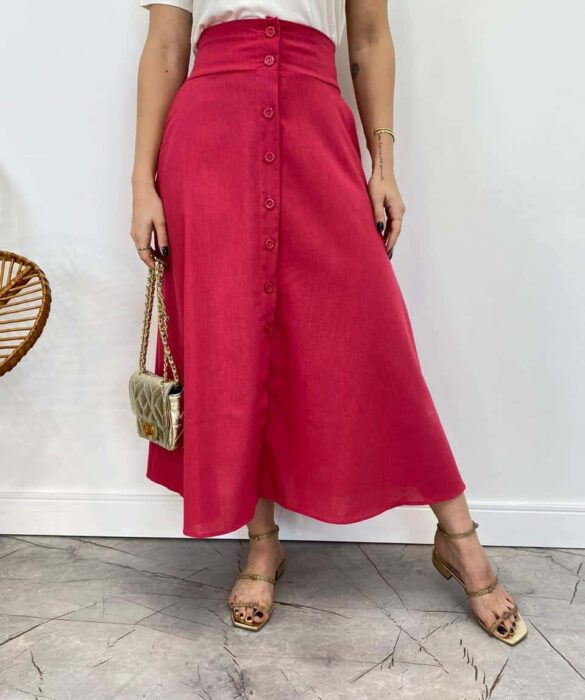 Saia Midi Feminina Viscolinho com Botões Pink - Fernanda Ramos Store