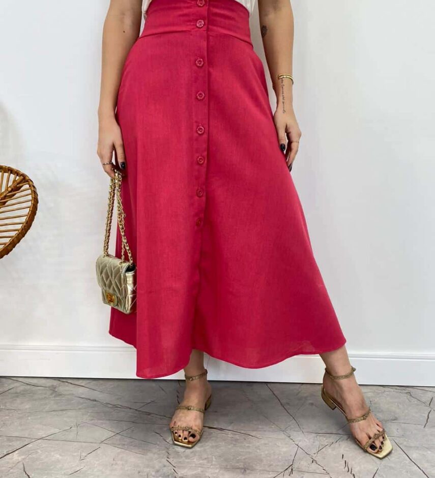 Saia Midi Feminina Viscolinho com Botões Pink - Fernanda Ramos Store