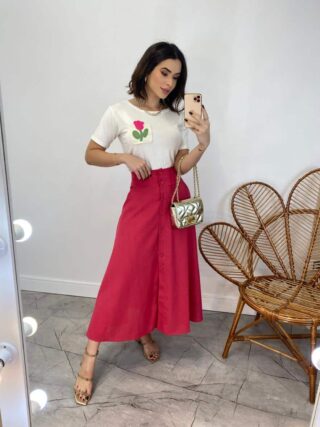 Saia Midi Feminina Viscolinho com Botões Pink - Fernanda Ramos Store