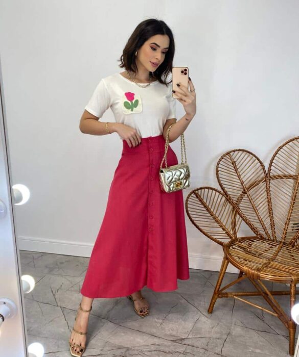 Saia Midi Feminina Viscolinho com Botões Pink - Fernanda Ramos Store