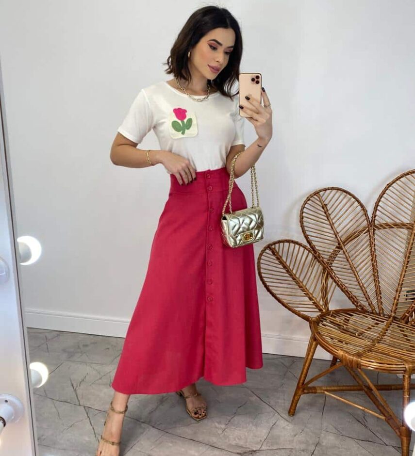 Saia Midi Feminina Viscolinho com Botões Pink - Fernanda Ramos Store
