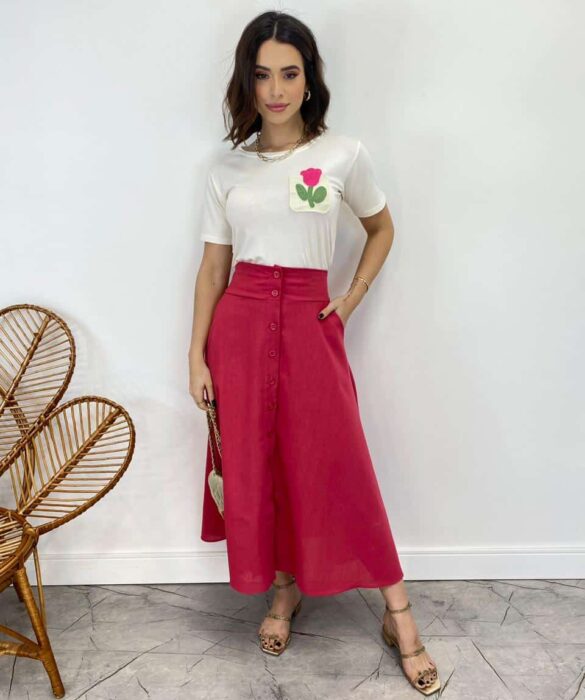 Saia Midi Feminina Viscolinho com Botões Pink - Fernanda Ramos Store