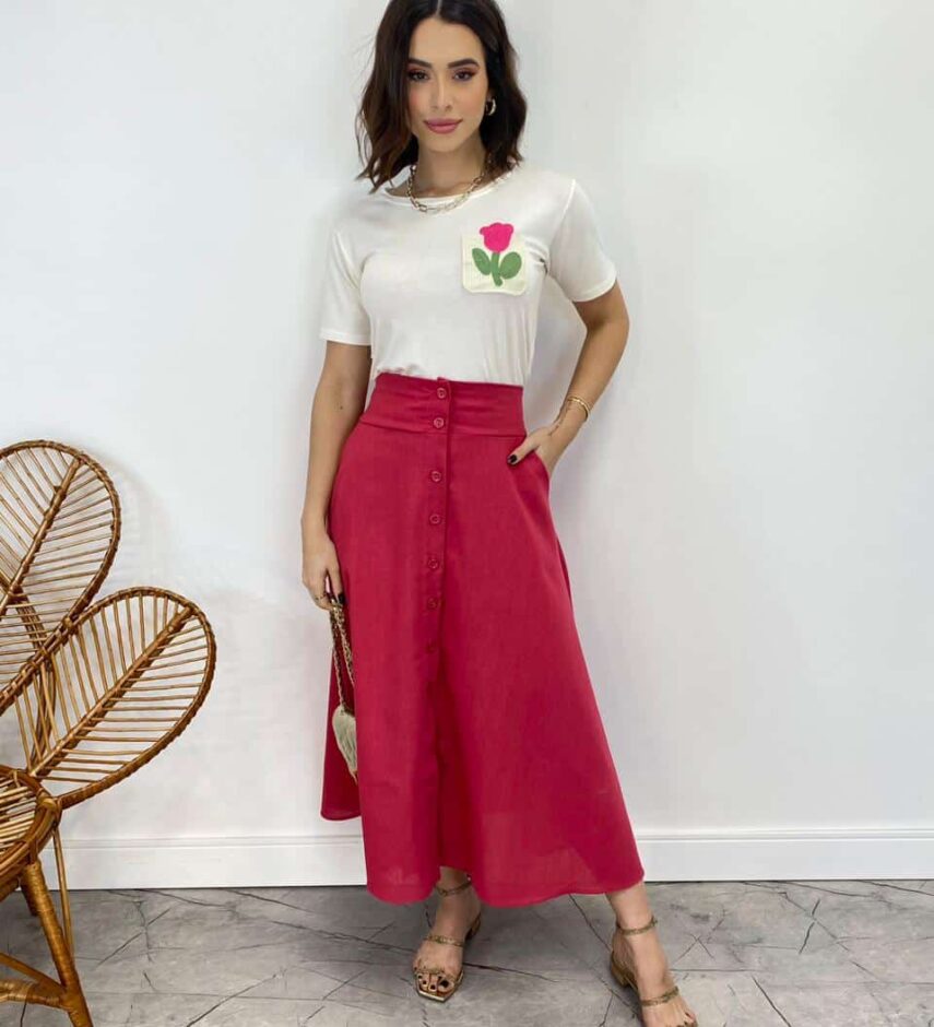 Saia Midi Feminina Viscolinho com Botões Pink - Fernanda Ramos Store