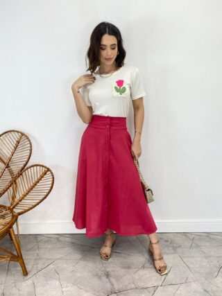 Saia Midi Feminina Viscolinho com Botões Pink - Fernanda Ramos Store