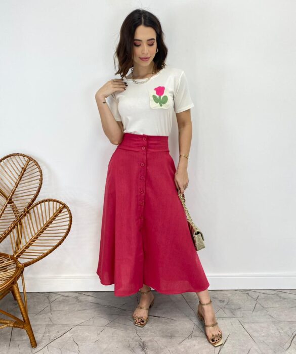 Saia Midi Feminina Viscolinho com Botões Pink - Fernanda Ramos Store