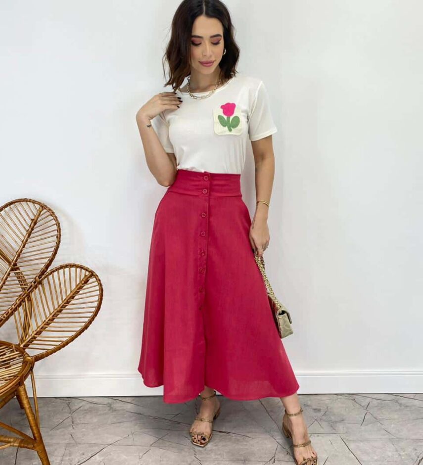 Saia Midi Feminina Viscolinho com Botões Pink - Fernanda Ramos Store