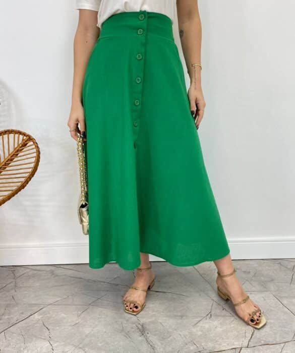 Saia Midi Feminina Viscolinho com Botões Verde - Fernanda Ramos Store