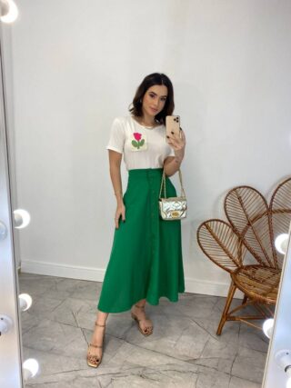 Saia Midi Feminina Viscolinho com Botões Verde - Fernanda Ramos Store