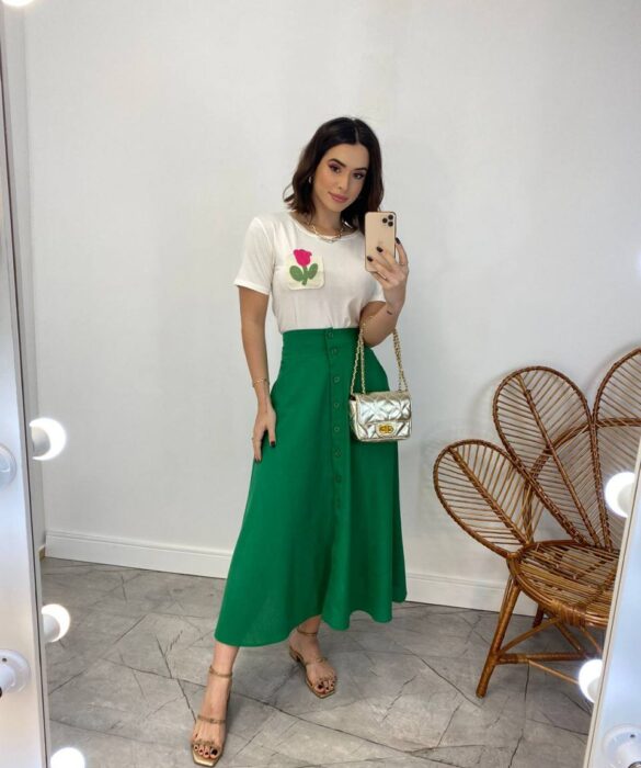 Saia Midi Feminina Viscolinho com Botões Verde - Fernanda Ramos Store