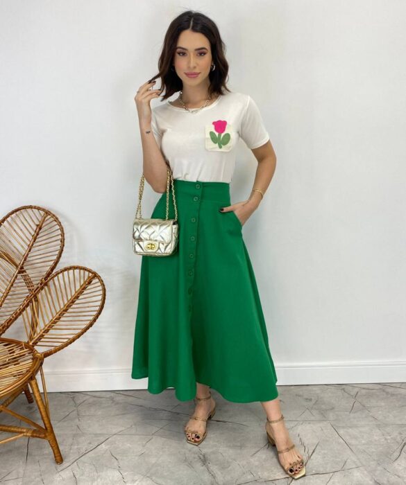 Saia Midi Feminina Viscolinho com Botões Verde - Fernanda Ramos Store