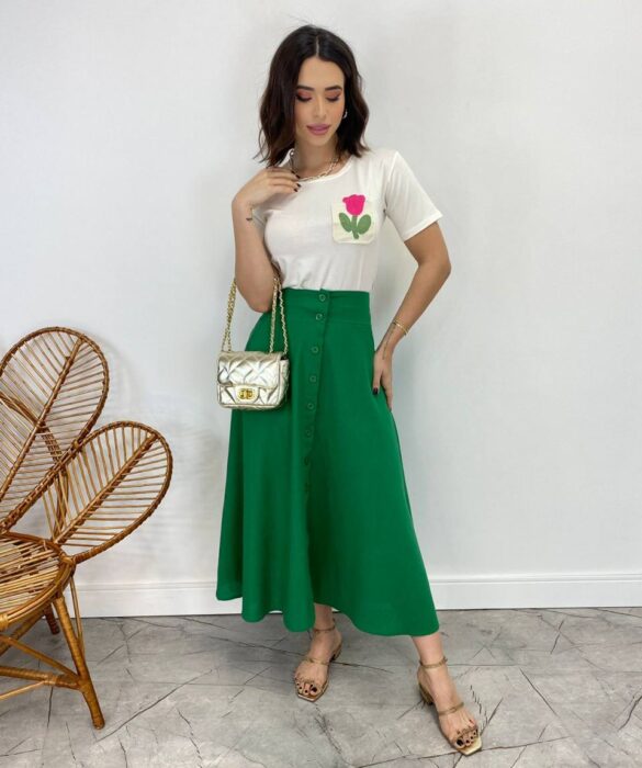 Saia Midi Feminina Viscolinho com Botões Verde - Fernanda Ramos Store