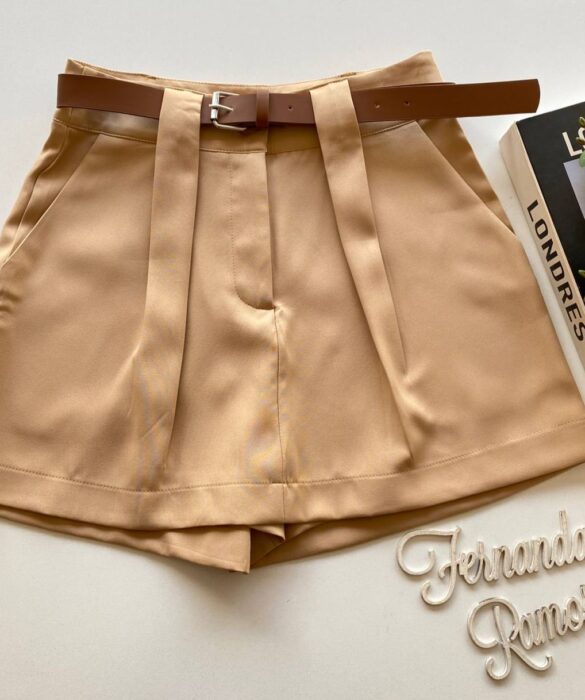 Short Saia Feminino Alfaiataria Luna com Cinto Bege - Fernanda Ramos Store