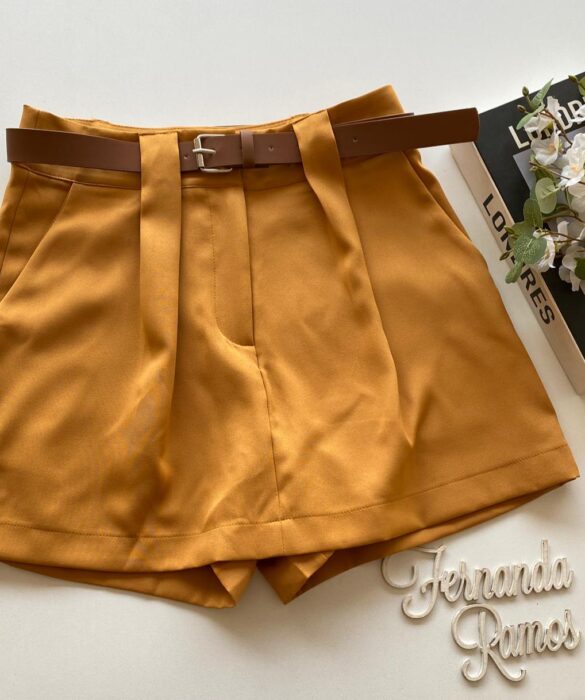 Short Saia Feminino Alfaiataria Luna com Cinto Caramelo - Fernanda Ramos Store