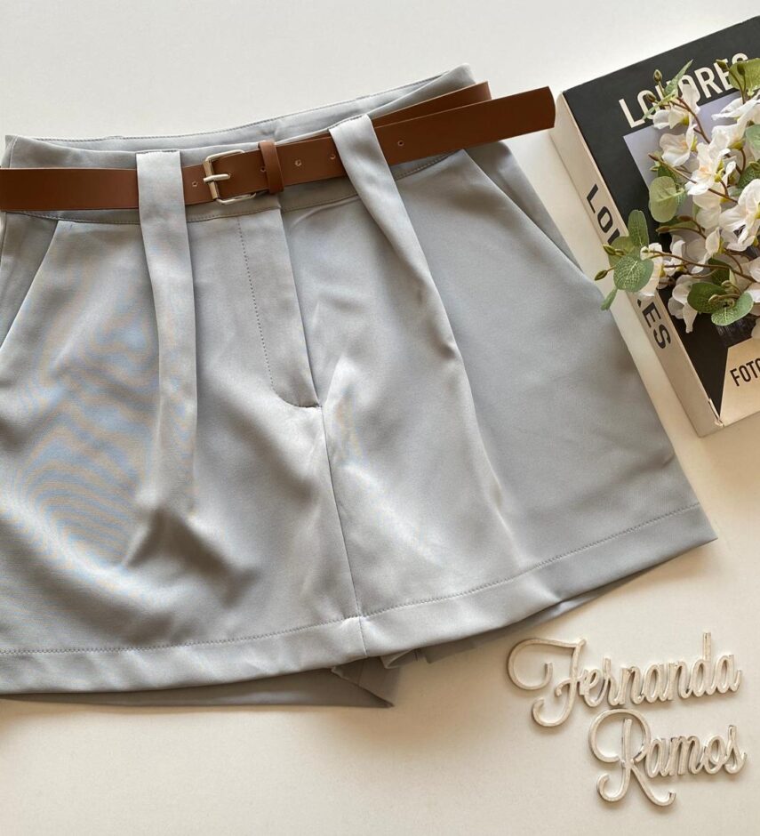 Short Saia Feminino Alfaiataria Luna com Cinto Cinza - Fernanda Ramos Store