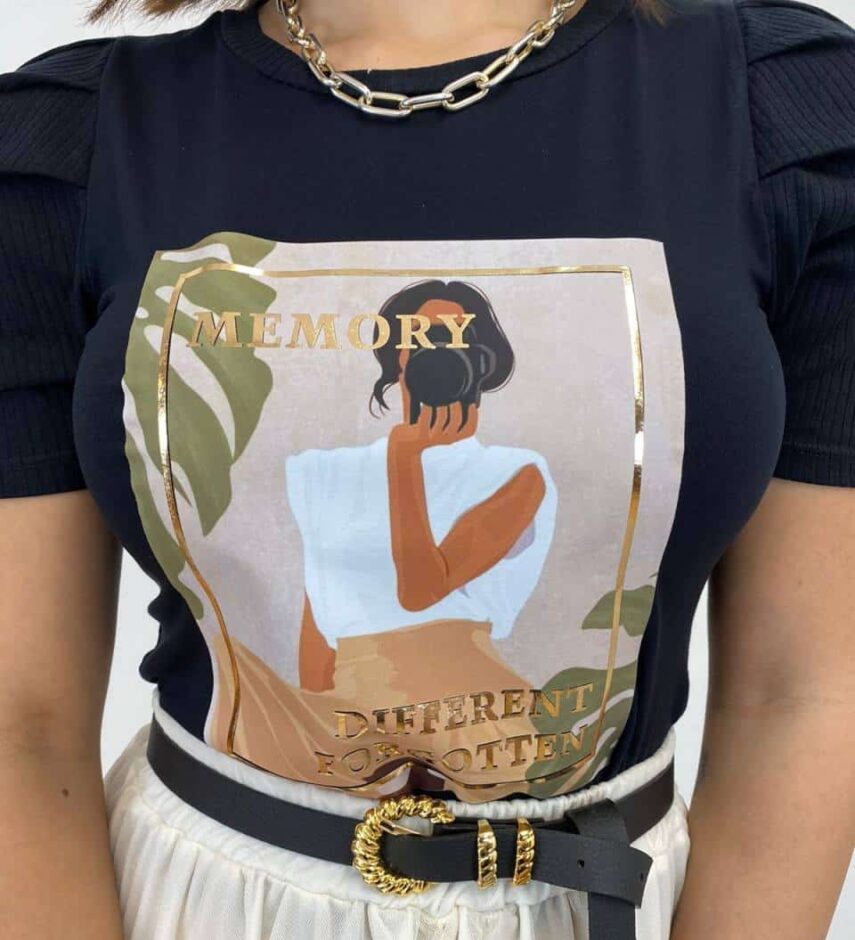 T-shirt Manga Canelada Estampa Memory Preta - Fernanda Ramos Store
