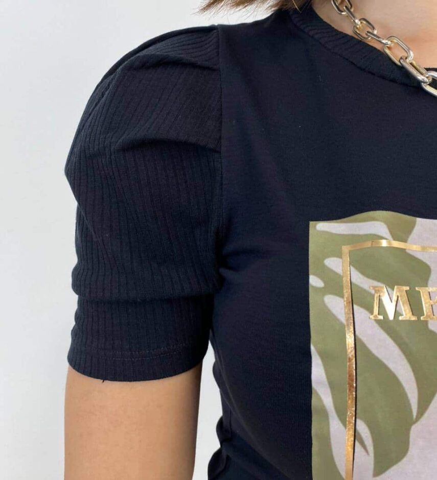 T-shirt Manga Canelada Estampa Memory Preta - Fernanda Ramos Store