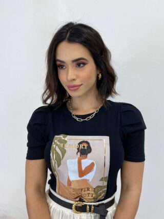 T-shirt Manga Canelada Estampa Memory Preta - Fernanda Ramos Store