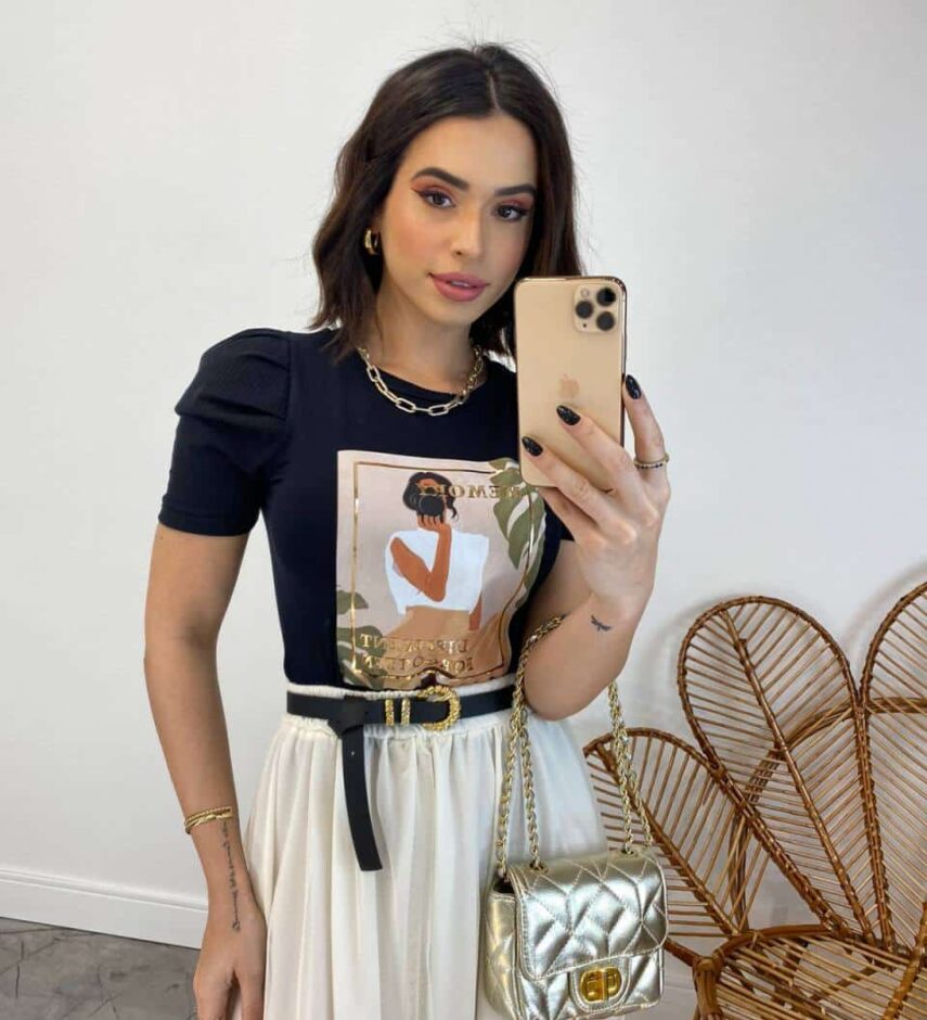 T-shirt Manga Canelada Estampa Memory Preta - Fernanda Ramos Store