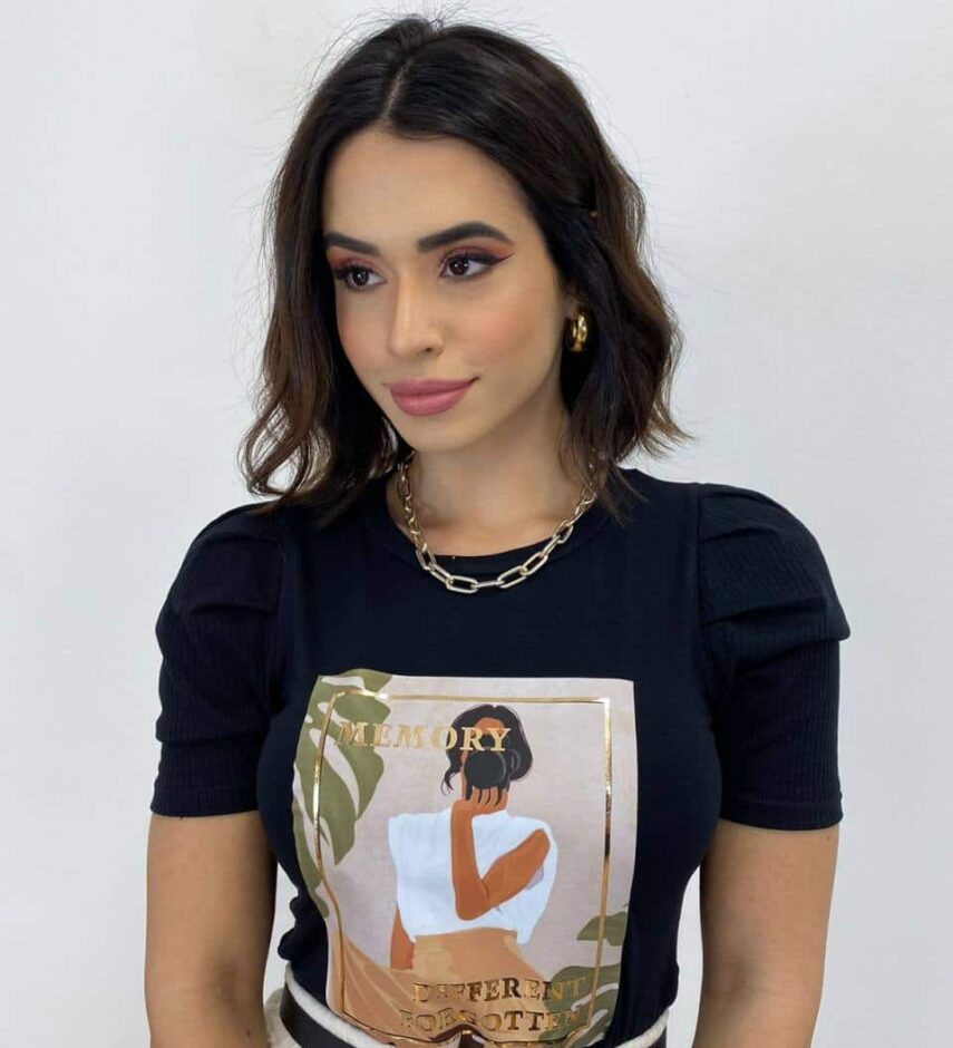 T-shirt Manga Canelada Estampa Memory Preta - Fernanda Ramos Store