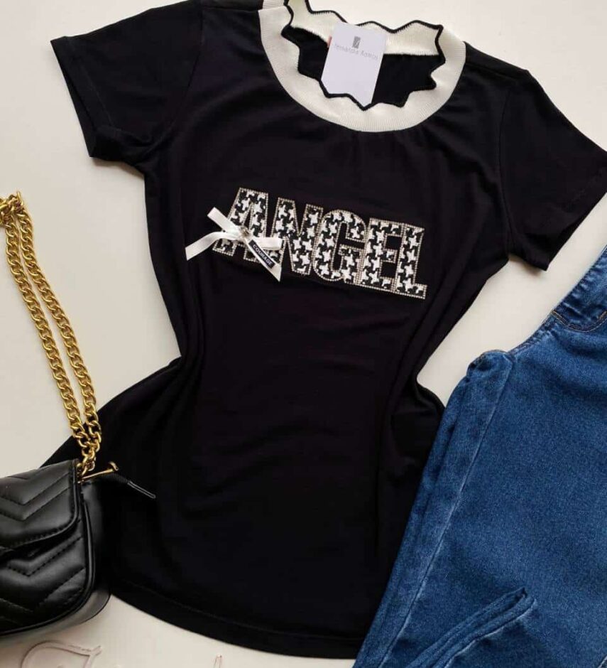 T-shirt Manga Curta Estampa Angel Preta - Fernanda Ramos Store