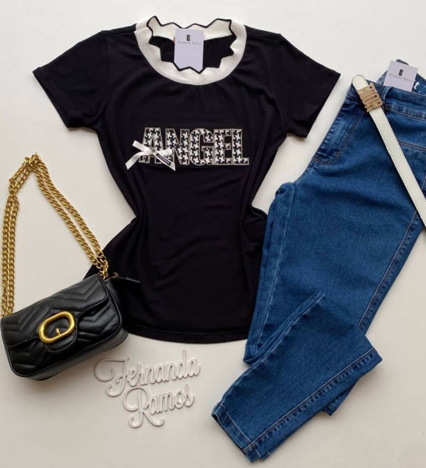 T-shirt Manga Curta Estampa Angel Preta - Fernanda Ramos Store