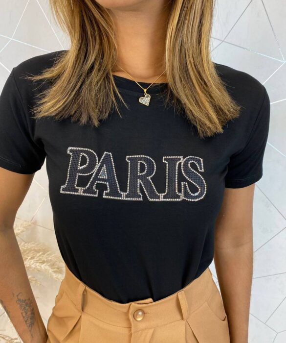 T-shirt Manga Curta Feminina Paris com Aplicações Preta - Fernanda Ramos Store