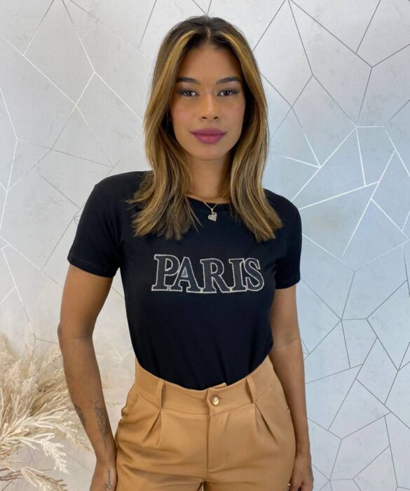 T-shirt Manga Curta Feminina Paris com Aplicações Preta - Fernanda Ramos Store