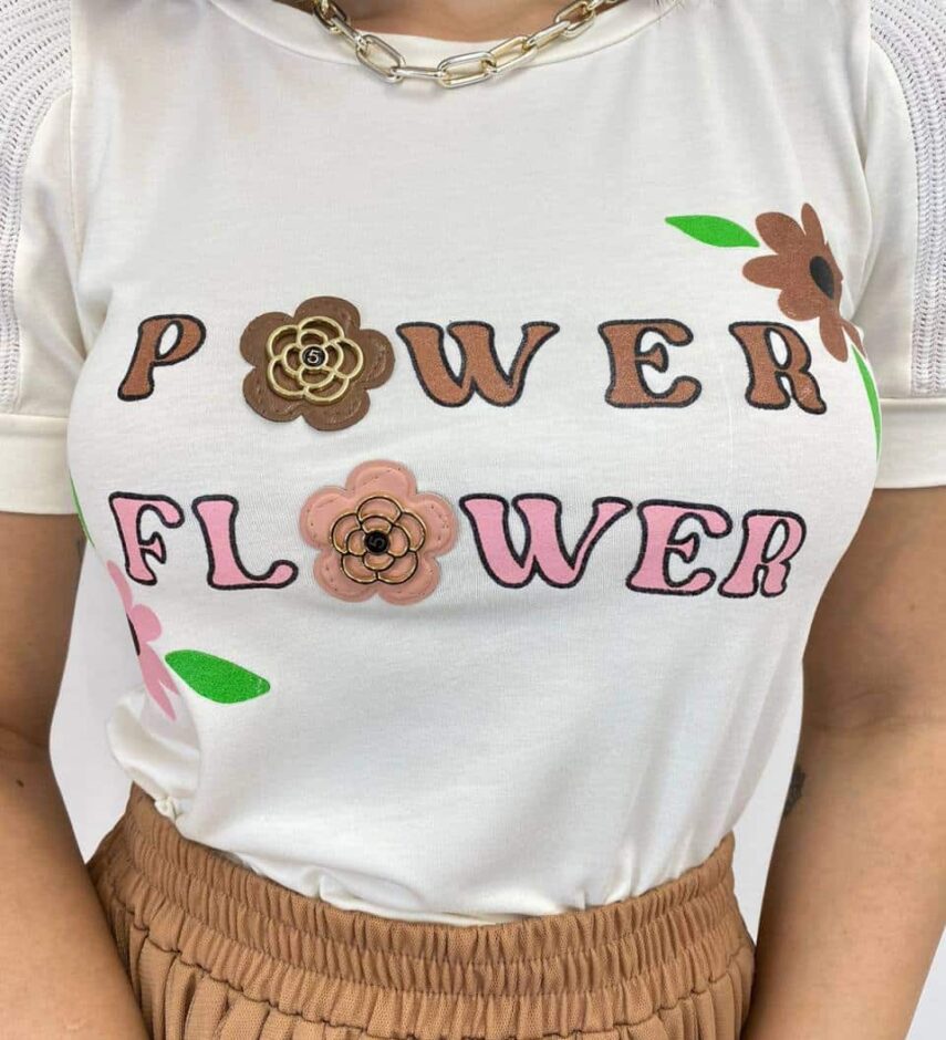 T-shirt Manga Curta Power Flower Branca - Fernanda Ramos Store