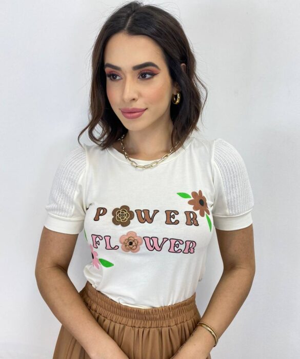 T-shirt Manga Curta Power Flower Branca - Fernanda Ramos Store