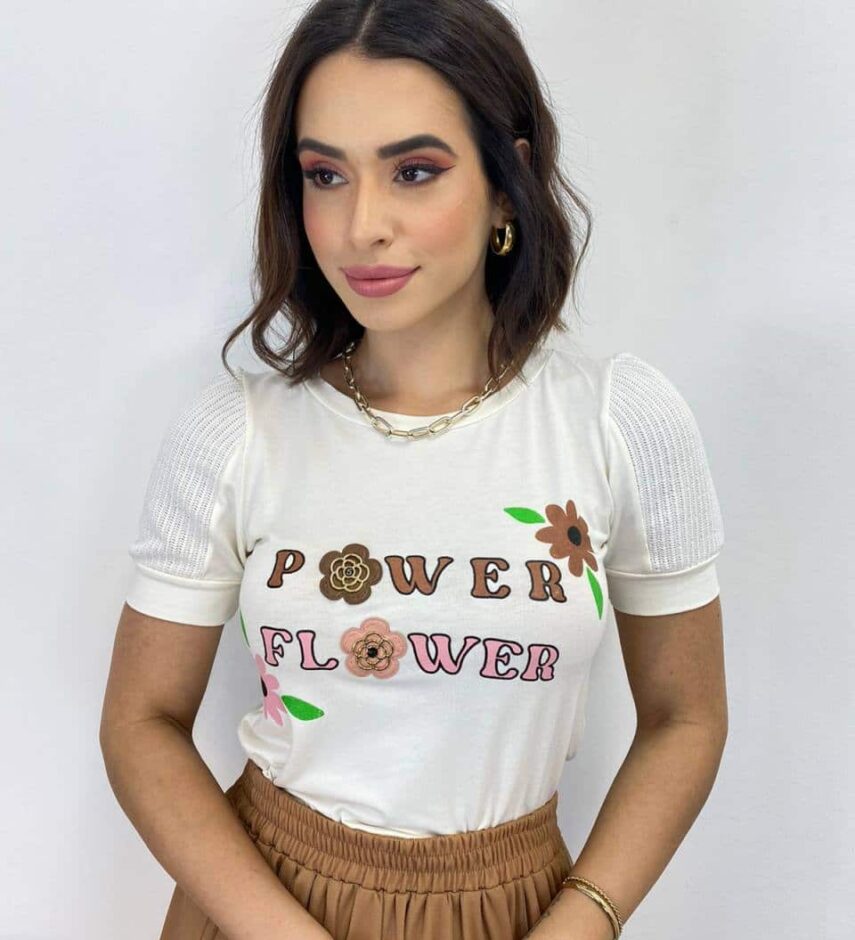 T-shirt Manga Curta Power Flower Branca - Fernanda Ramos Store