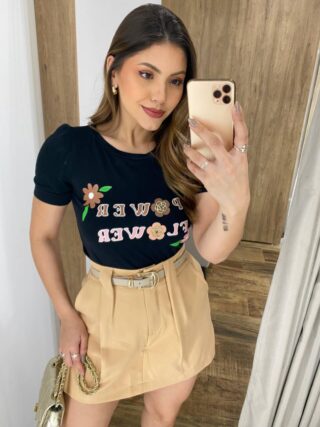 T-shirt Manga Curta Power Flower Preta - Fernanda Ramos Store