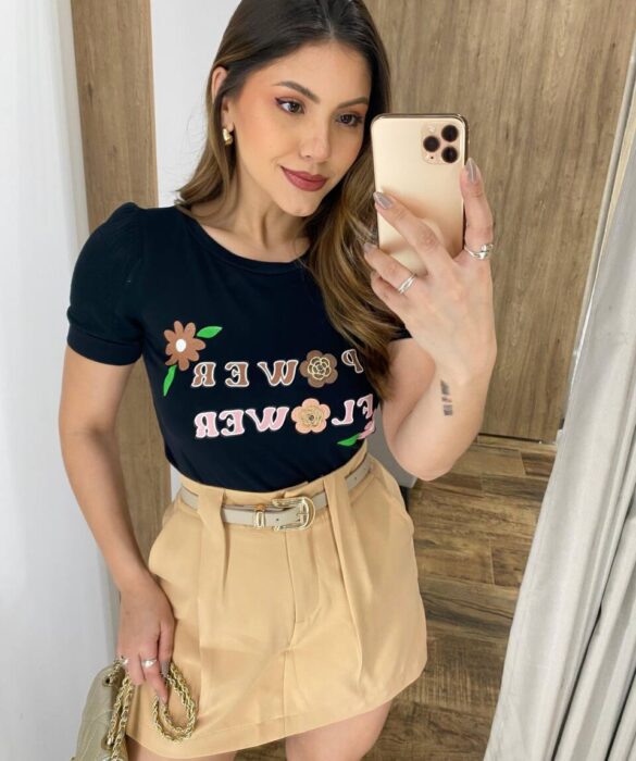 T-shirt Manga Curta Power Flower Preta - Fernanda Ramos Store