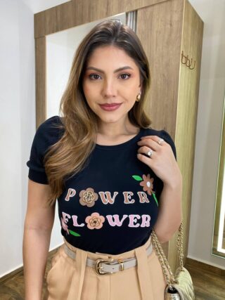 T-shirt Manga Curta Power Flower Preta - Fernanda Ramos Store