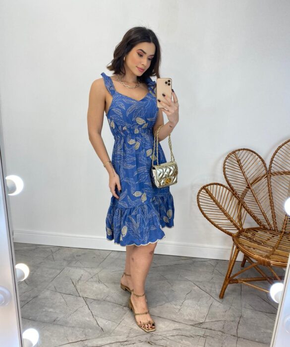 Vestido Curto com Bojo Alças com Babado Bordado Azul - Fernanda Ramos Store